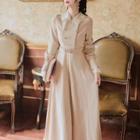 Long-sleeve Flower Embroidered Collared Maxi A-line Dress