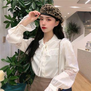 Bell-sleeve Tie Neck Lace Blouse White - One Size