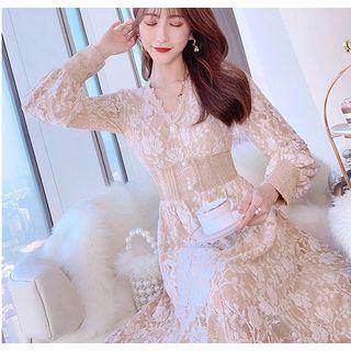 V-neck Balloon-sleeve Midi A-line Lace Dress