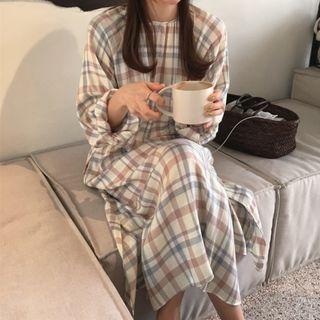 Plaid Long-sleeve Midi Shift Dress