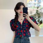 Short-sleeve Floral Cropped Blouse Red Floral - Dark Blue - One Size