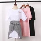 Set: Short-sleeve Heart Embroidery Long T-shirt + Plaid Mini Skirt