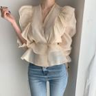 Puff-sleeve Ruffled Blouse Nude Pink - One Size
