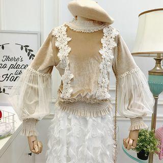 Mesh Panel Lantern-sleeve Velvet Top
