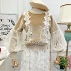 Mesh Panel Lantern-sleeve Velvet Top