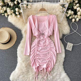 Set Of 2: Long-sleeve Cropped Cardigan + Halter Drawstring Spaghetti-strap Dress