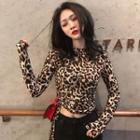 Leopard Print Long-sleeve Drawstring T-shirt As Shown In Figure - One Size