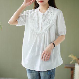 Short-sleeve Eyelet Lace Henley Blouse White - One Size