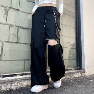 Set : Ripped Zipper Detail Cargo Pants + Chain