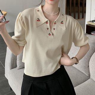 Short-sleeve Fruit Embroidered Knit Top