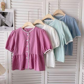 Puff-sleeve Round Neck Lace-trim Blouse