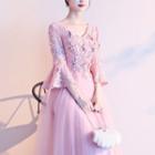 Bell-sleeve Lace Flower Embroidered Sheath Evening Gown