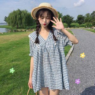 Gingham Short-sleeve V-neck Tunic Blue - One Size