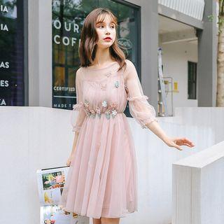3/4-sleeve Sheer Panel Floral A-line Dress