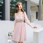 3/4-sleeve Sheer Panel Floral A-line Dress