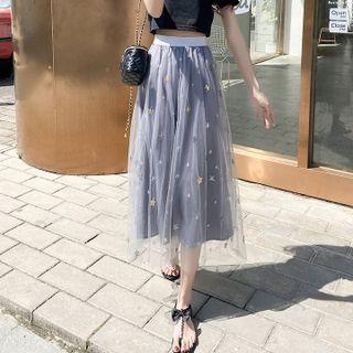 Star Embroidered Mesh Midi A-line Skirt