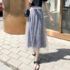 Star Embroidered Mesh Midi A-line Skirt