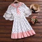 Tie-neck Dotted Short-sleeve Mini A-line Dress