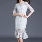 Lace Elbow Sleeve Ruffle Hem Midi Dress