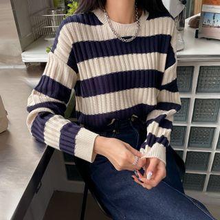 Drop-shoulder Stripe Rib-knit Top