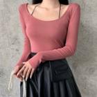 Long-sleeve Off-shoulder Fitted Top Pink - One Size