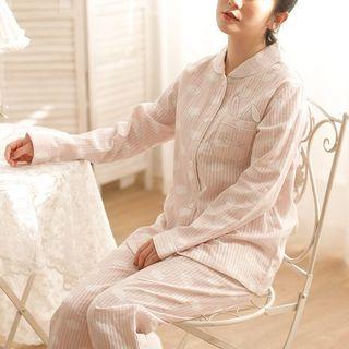 Loungewear Set: Rabbit Embroidered Long-sleeve Top + Pants