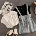 Set: Tank Top + Denim Mini A-line Suspender Skirt