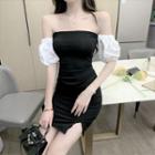 Off-shoulder Two-tone Slim-fit Dress
