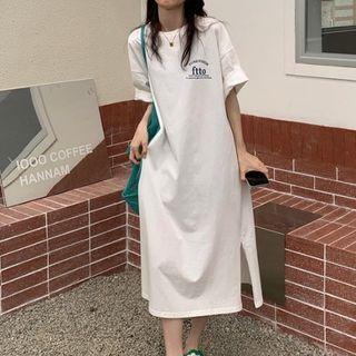 Short-sleeve Lettering Slit Midi T-shirt Dress