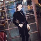 Set: Round-neck Long-sleeve Buttoned Velvet Top+high-waist Harem Pants