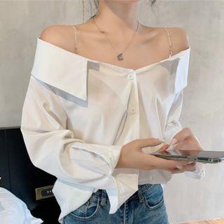 Rhinestone Cold-shoulder Long-sleeve Blouse