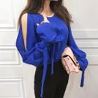 Slit-shoulder Beribboned Linen Blend Top