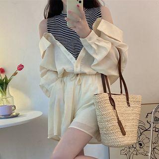 Set: Mock Two-piece Cold-shoulder Blouse + Wide Leg Shorts