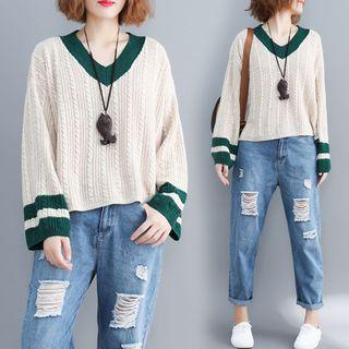 Color Panel V-neck Long-sleeve Sweater As Shown In Figure - L