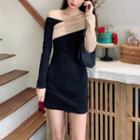 Long-sleeve Off-shoulder Color-block Dress