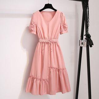 Puff-sleeve Asymmetrical Shirred A-line Dress