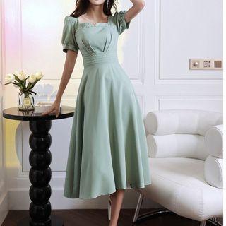 Short-sleeve Square-neck Midi A-line Cocktail Dress