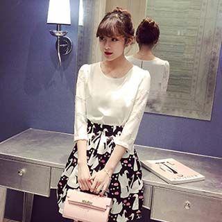 Set: Tulle-sleeve Top + Printed Skirt