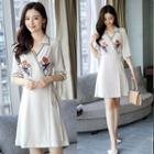 3/4 Sleeve V-neck Embroidered A-line Wrapped Dress
