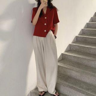 V-neck Short-sleeve Shirt / Wide Leg Pants