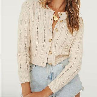 Long-sleeve Cable-knit Cropped Cardigan Beige - One Size