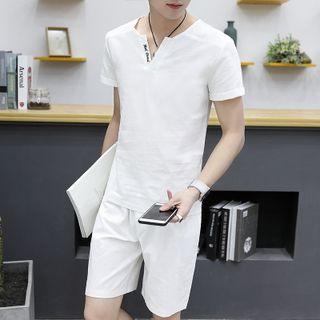 Letter Embroidered Short Sleeve T-shirt / Plain Shorts / Drawstring Pants