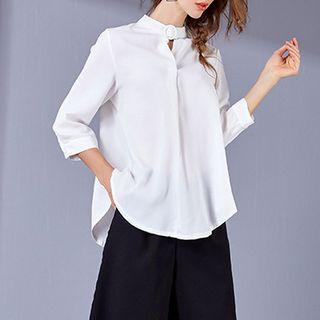 Set: Plain 3/4-sleeve Blouse + Lace Trim Cropped Pants