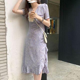 Short-sleeve Floral Ruffle Trim A-line Dress
