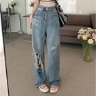 High Waist Cut-out Distressed Loose-fit Jeans