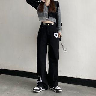 Buckled Heart Patch Wide Leg Jeans