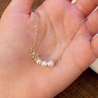 Faux Pearl Rhinestone Pendant Alloy Necklace Jml4931 - White Faux Pearl - Gold - One Size