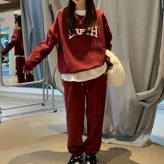 Set : Lettering Sweatshirt + Casual Plain Pants