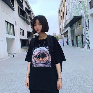 Guitar Print Elbow-sleeve T-shirt