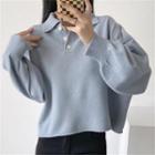 Puff Sleeve Plain Loose-fit Sweater